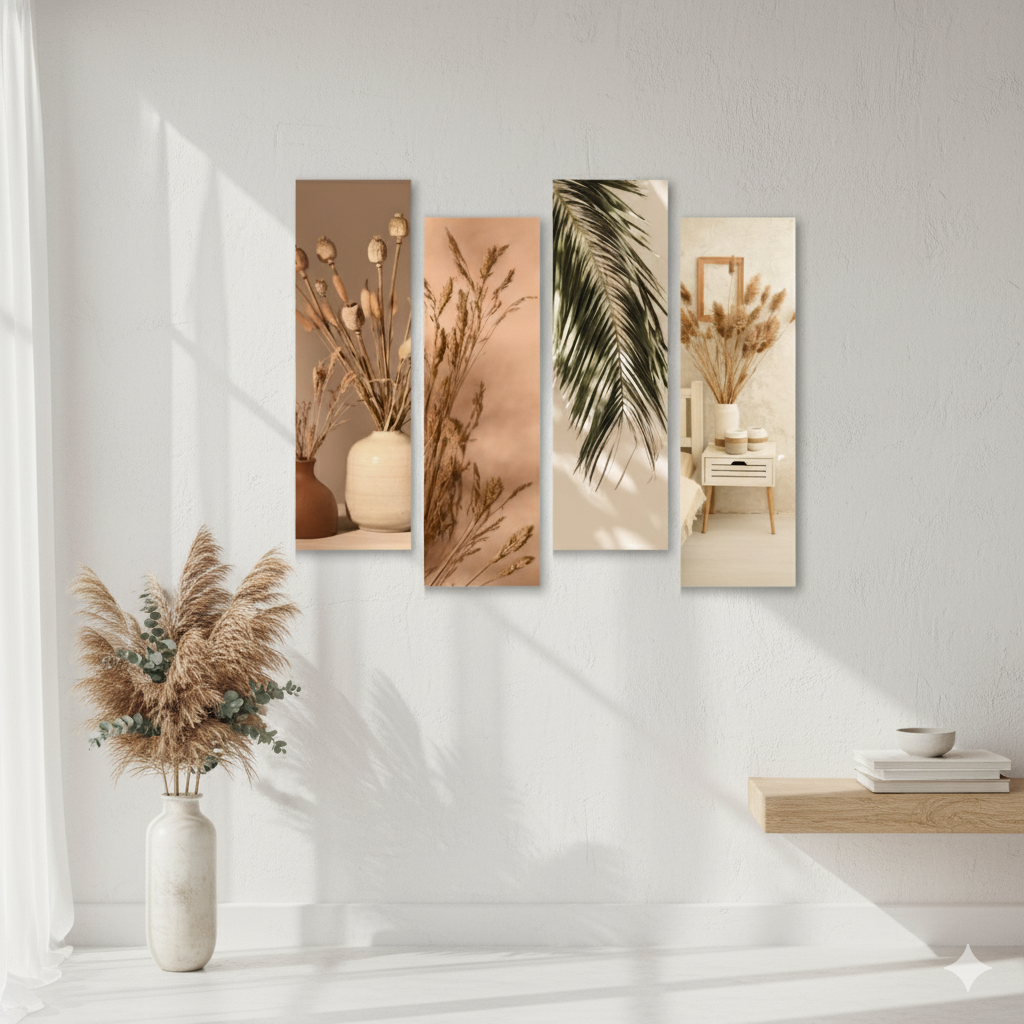 WithinDecor™ Natural Botanical Wall Art Set – Modern Boho Aesthetic 4-Piece MDF Panels (12x4 inch, Glossy Finish)