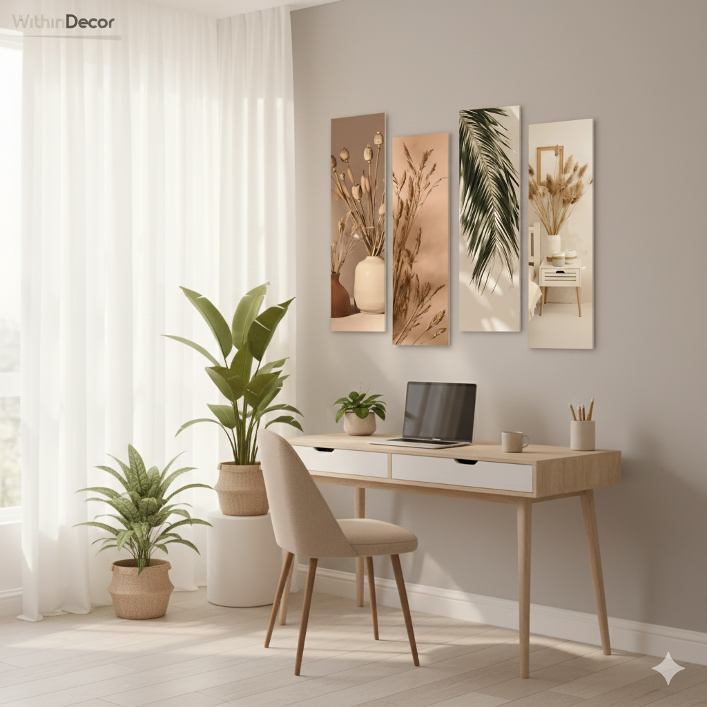 WithinDecor™ Natural Botanical Wall Art Set – Modern Boho Aesthetic 4-Piece MDF Panels (12x4 inch, Glossy Finish)