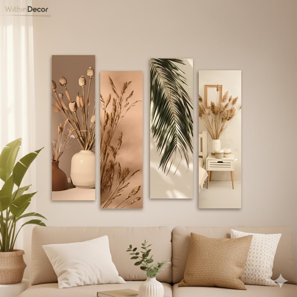 WithinDecor™ Natural Botanical Wall Art Set – Modern Boho Aesthetic 4-Piece MDF Panels (12x4 inch, Glossy Finish)