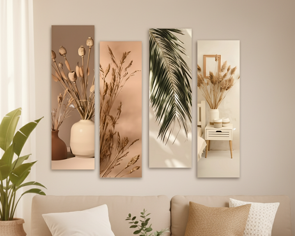 WithinDecor™ Natural Botanical Wall Art Set – Modern Boho Aesthetic 4-Piece MDF Panels (12x4 inch, Glossy Finish)