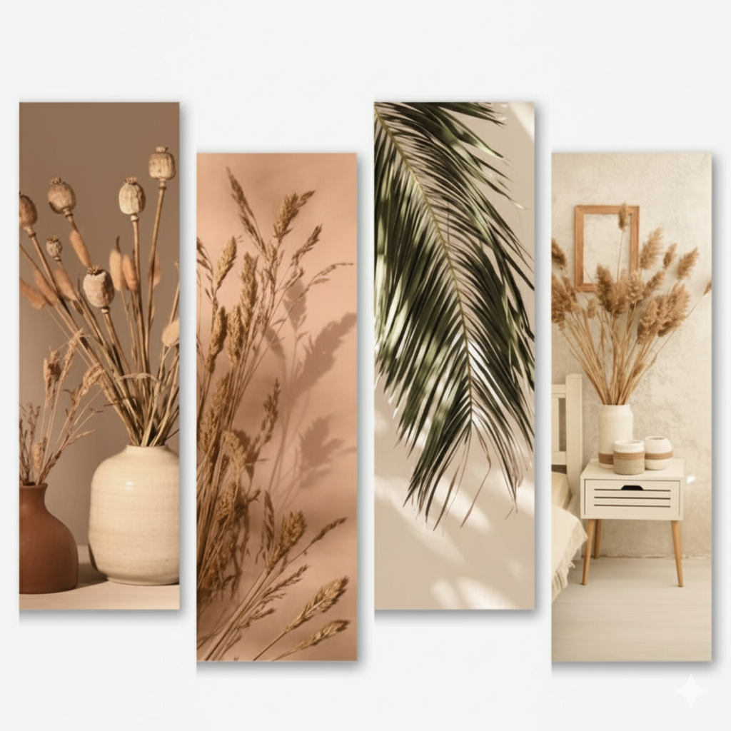 WithinDecor™ Natural Botanical Wall Art Set – Modern Boho Aesthetic 4-Piece MDF Panels (12x4 inch, Glossy Finish)