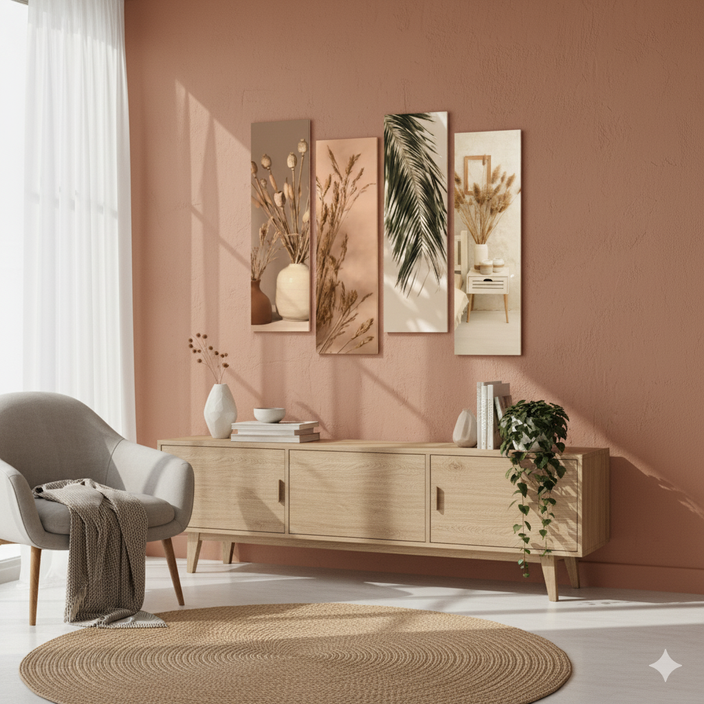 WithinDecor™ Natural Botanical Wall Art Set – Modern Boho Aesthetic 4-Piece MDF Panels (12x4 inch, Glossy Finish)