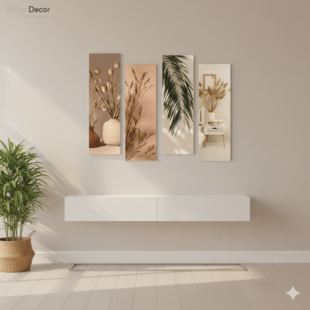 WithinDecor™ Natural Botanical Wall Art Set – Modern Boho Aesthetic 4-Piece MDF Panels (12x4 inch, Glossy Finish)