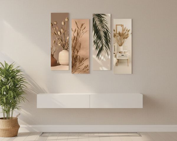 WithinDecor™ Natural Botanical Wall Art Set – Modern Boho Aesthetic 4-Piece MDF Panels (12x4 inch, Glossy Finish)