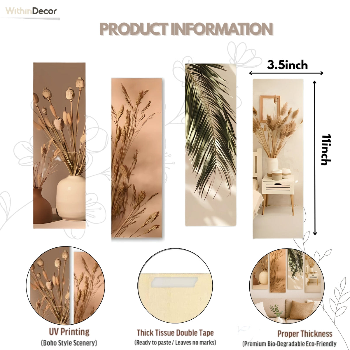 WithinDecor™ Natural Botanical Wall Art Set – Modern Boho Aesthetic 4-Piece MDF Panels (12x4 inch, Glossy Finish)