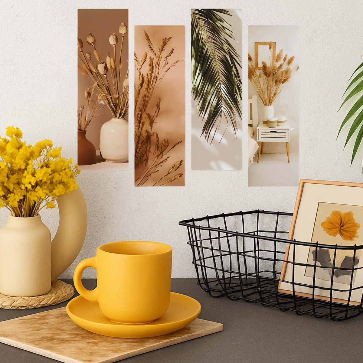WithinDecor™ Natural Botanical Wall Art Set – Modern Boho Aesthetic 4-Piece MDF Panels (12x4 inch, Glossy Finish)